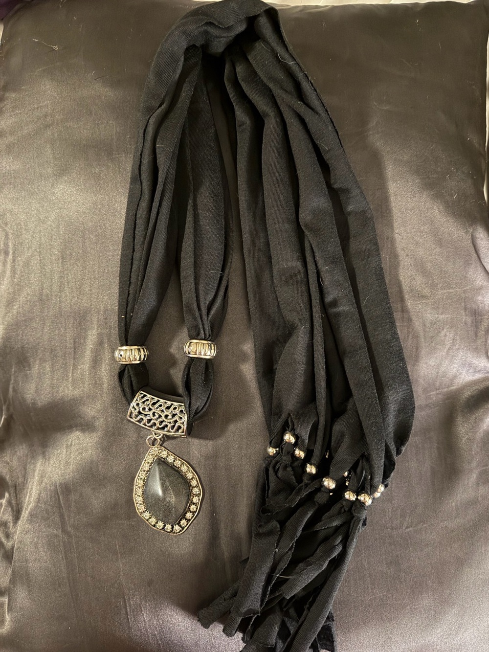 Hand Crafted Black Boho Scarf/Wrap/Belt w/Silver Beads Stone Pendant, Fringe
